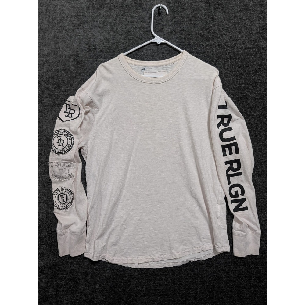 True Religion Mens Off White Long Sleeve Graphic Logo Patch Slub T-Shirt XXL